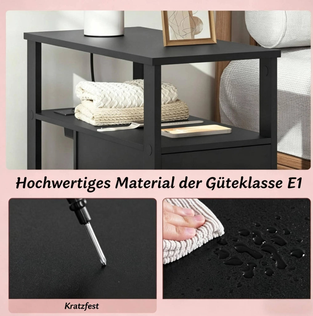 DESMIU Tavolino Laterale Moderno Nero con Prese USB e AC, 60x60x30 cm