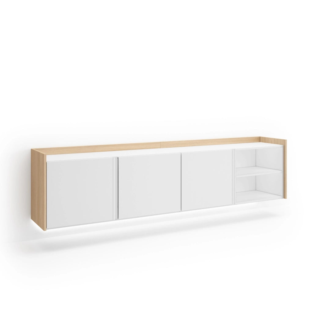 Mobile TV Soggiorno, 207x50x35 cm, Per TV fino a 80", Sospeso, da appendere, LED, Bianco e Rovere soft
