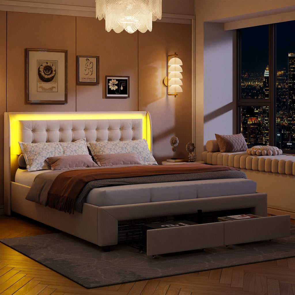 Letto imbottito con cassetto e LED in tessuto beige