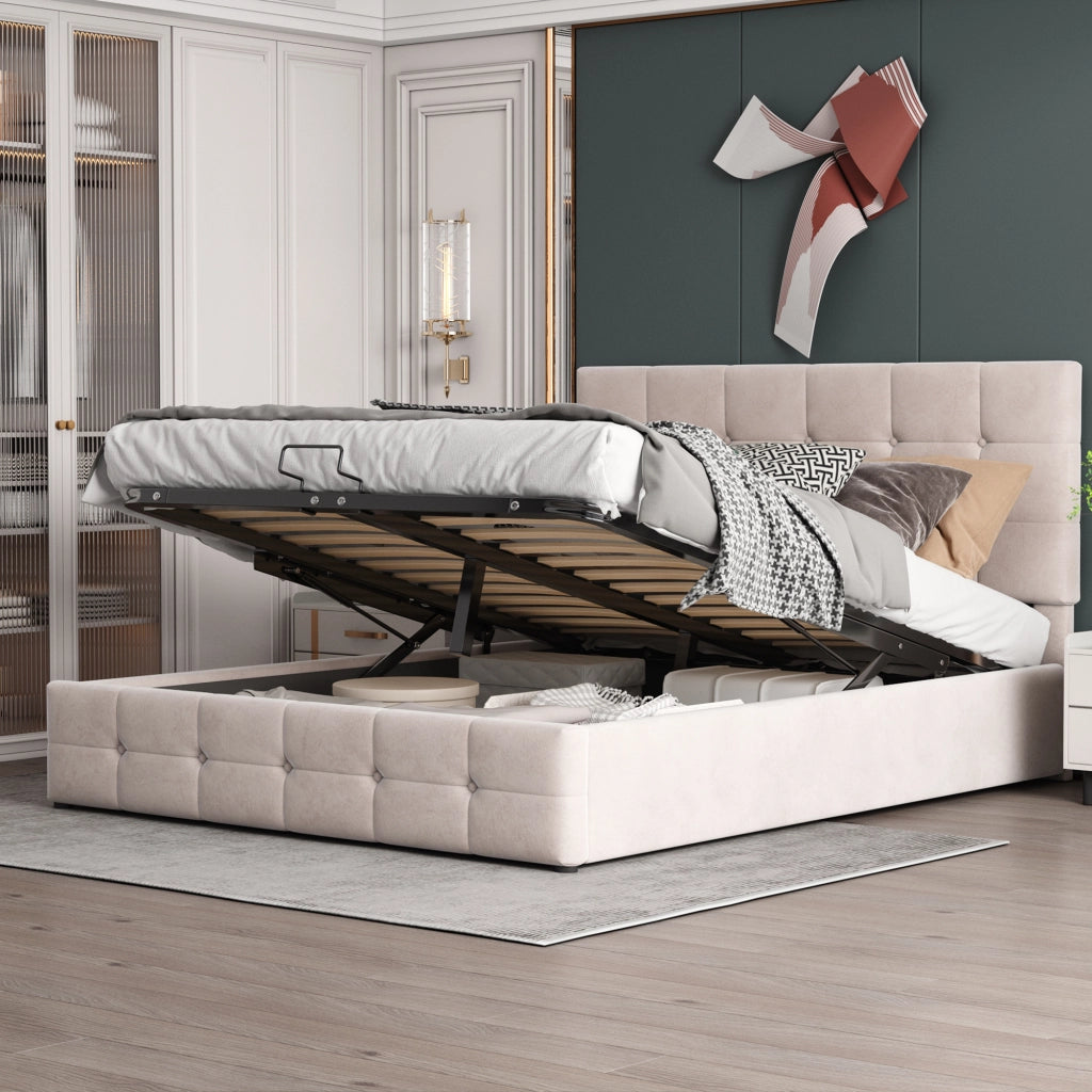 Letti contenitori 140x200 cm; contenitore salvaspazio; velluto; bianco crema (Senza materasso)