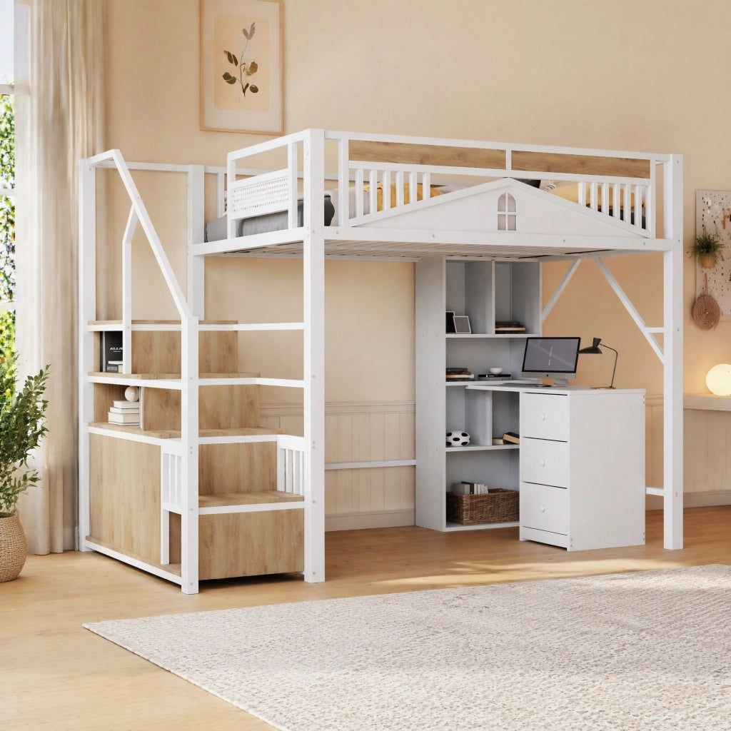 Letto a soppalco 140x200 cm in metallo e legno bianco