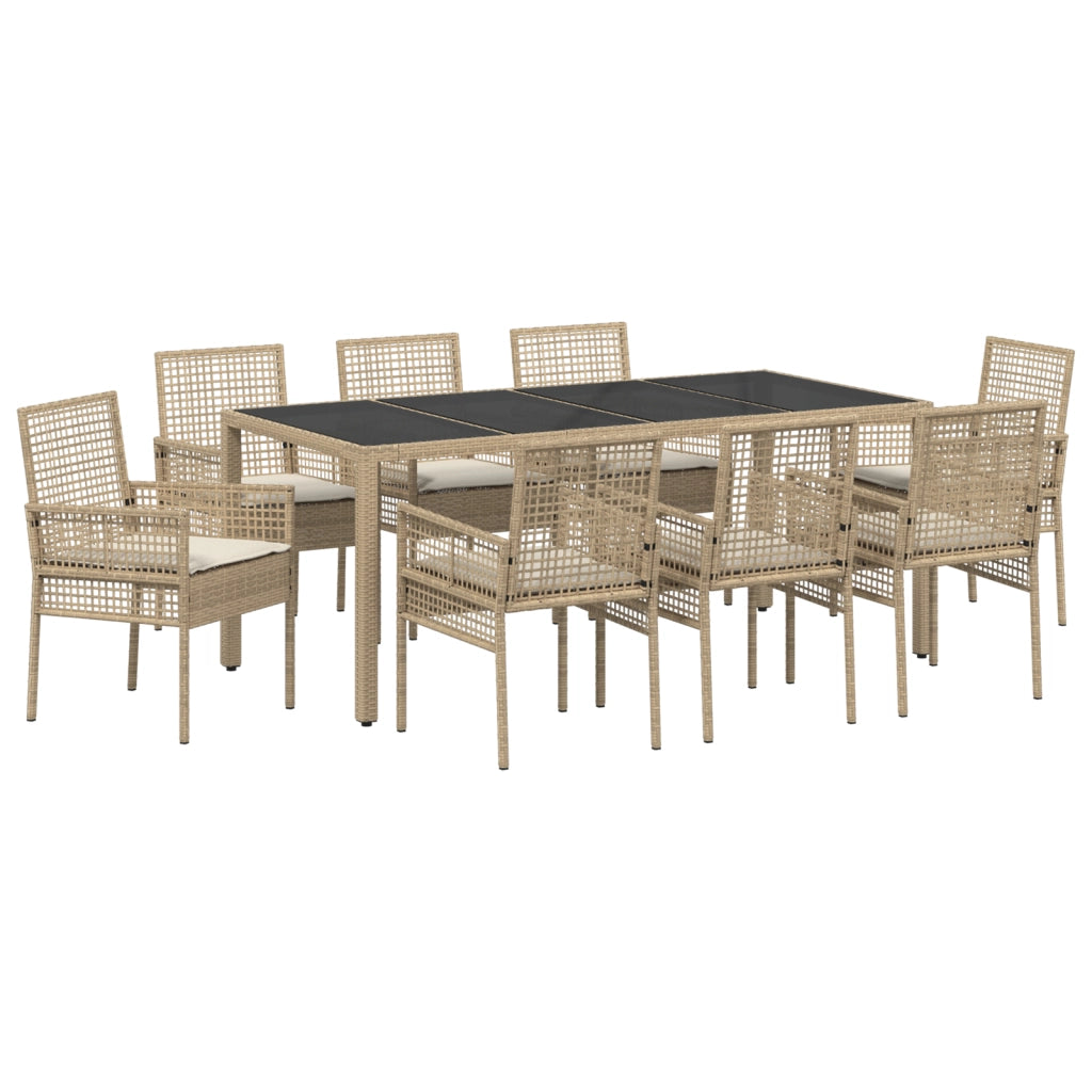 Set da Pranzo da Giardino 9 Pezzi con Cuscini Beige in Polyrattan