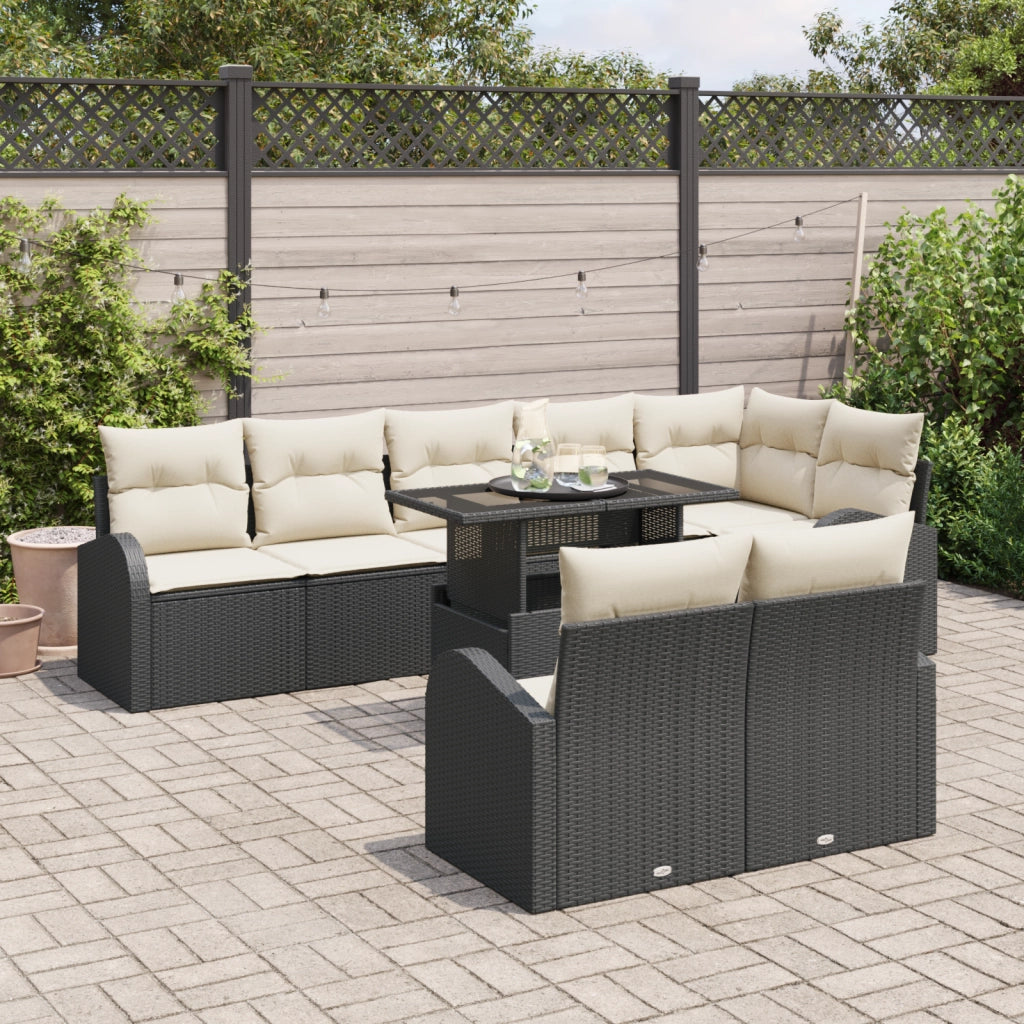Set di Divani da Giardino da 9 Pezzi con Cuscini Nero Polyrattan
