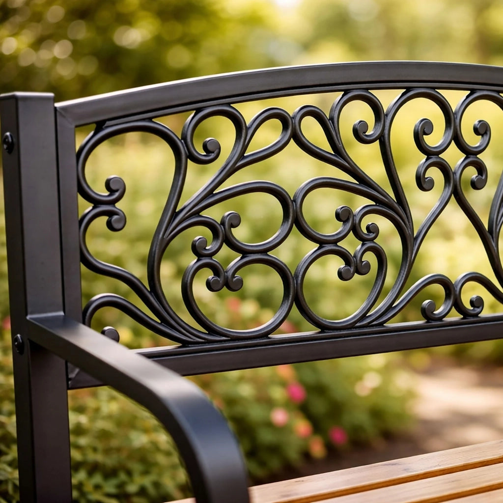Panchina da giardino nera NERINA con legno laccato e gambe in ghisa larghezza 118 cm