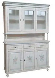 cristalliera 3 ante in legno bianco anticato decorato a mano filo azzurro