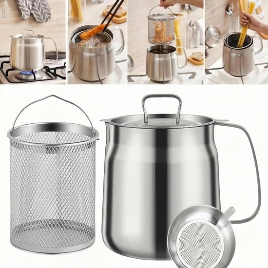 Pentola da Frittura in Acciaio Inox - Frittiera e Sottile - Grande Contenitore per Frittura (2 Litri) - Adatto per Cucina, Cucina e Campeggio - Resiste al Lavastoviglie