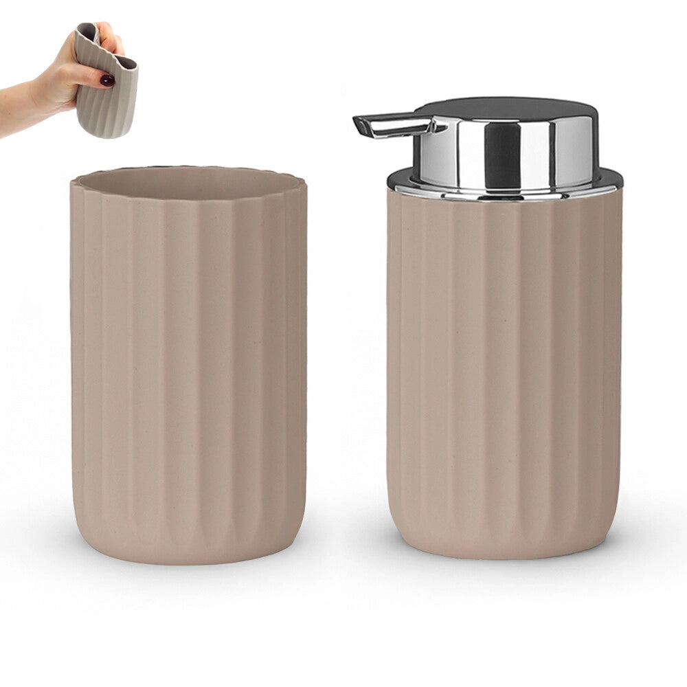 Set accessori bagno da due pezzi in gomma termoplastica tortora - Gummy