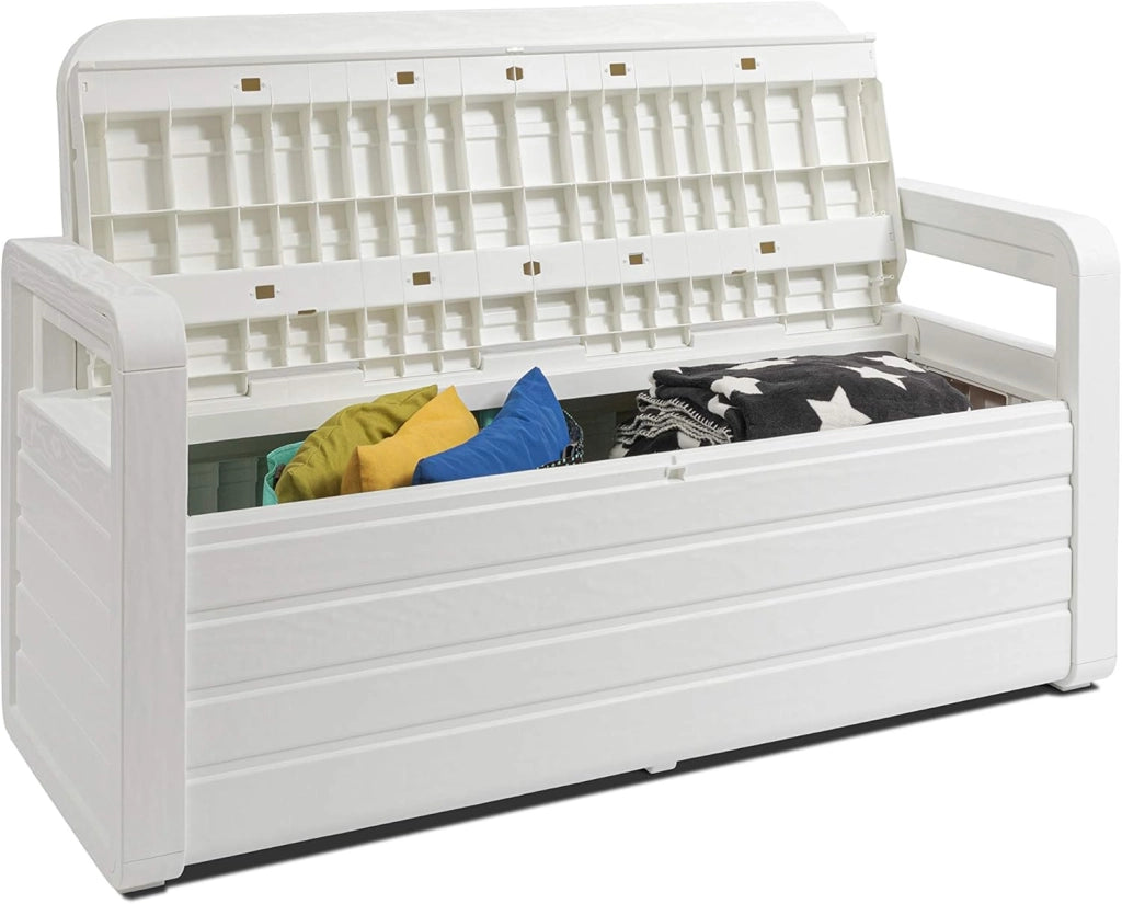PANCHINA FOREVERSPRING DA ESTERNO CON BAULE Panchina da esterno Foreverspring con baule portaoggetti 270 litri effetto legno colore bianco Toomax.599P  cm.132,5x58x89h., bianca    TOOMAX