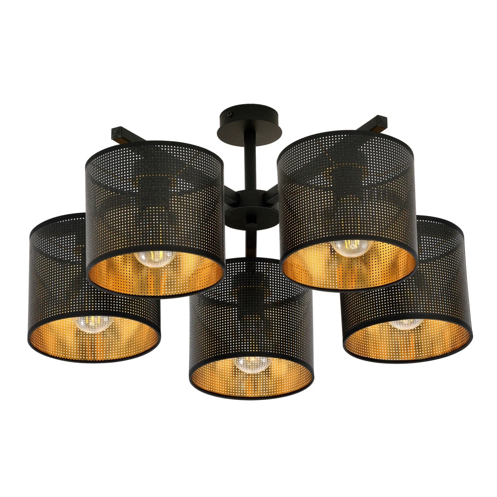 Plafoniera Industrial 5 Luci Cigno In Acciaio Nero E Paralumi A Cilindro Oro