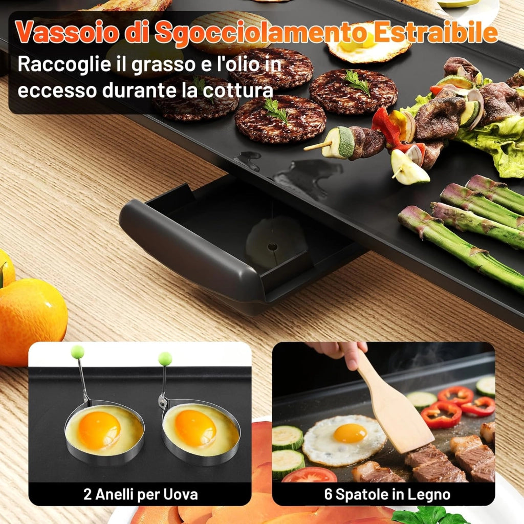 1800W Piastra Elettrica, Barbecue Elettrico con Temperatura Regolabile, Termostati e Vassoio di Sgocciolamento, Griglia Antiaderente (70 x 22 cm)