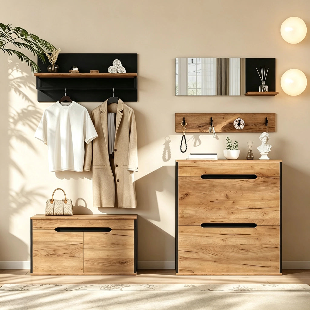 Mobile ingresso con specchio; 2 scarpiere; 1 cassetto e 4 ganci; in MDF e truciolare; nero e legno; 156×36×176 cm