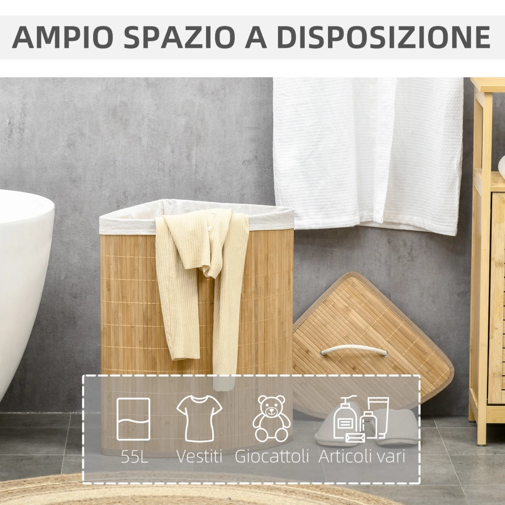 Cesto Portabiancheria con Coperchio Triangolare in Bamb¨´ e Tessuto. 38x38x57cm. Colore Legno