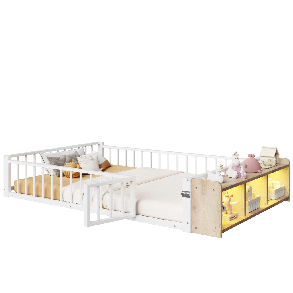 Letto per Bambini 140×200 cm; Letto Matrimoniale con Sponda; Vano Aperto e LED; senza Materasso; Bianco
