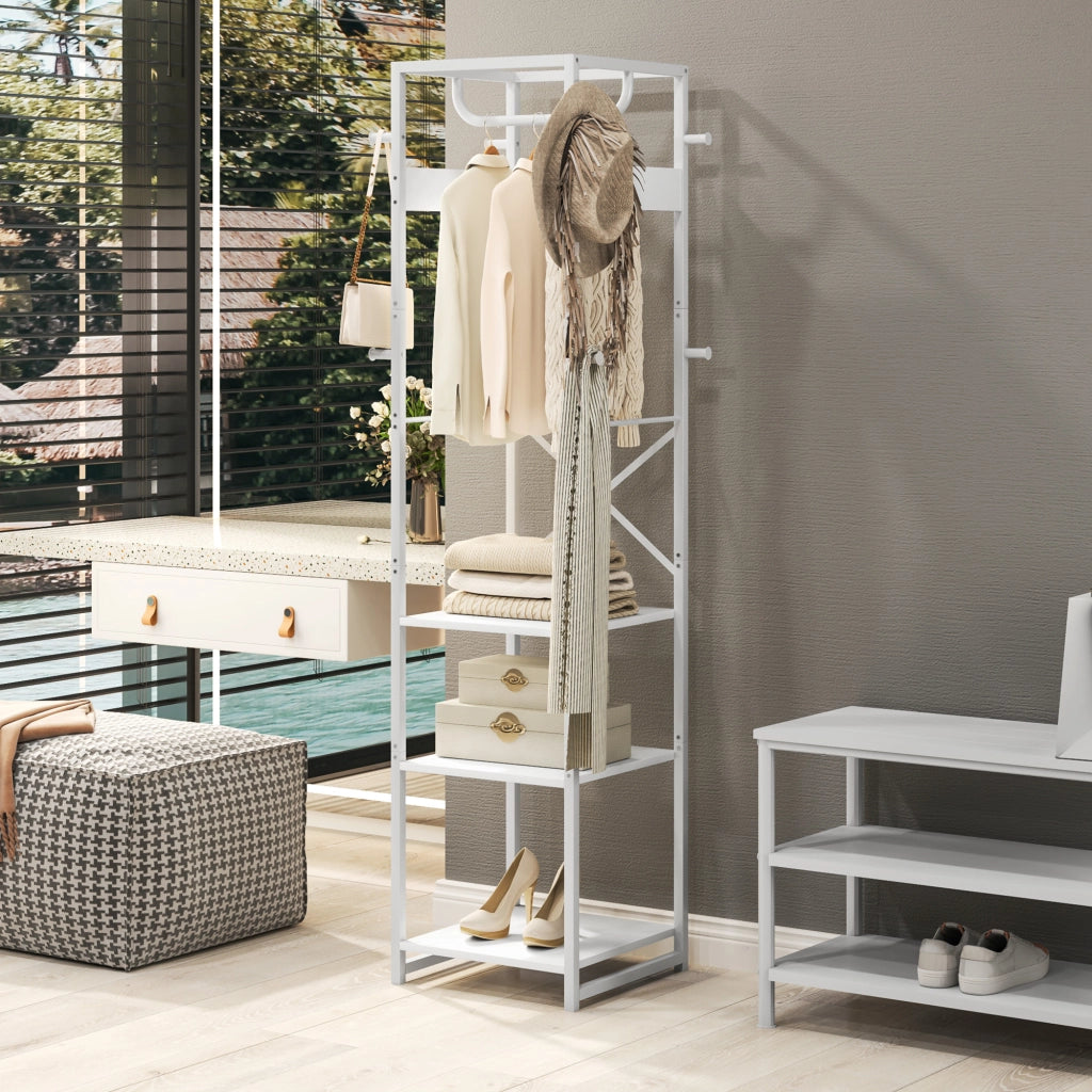 Appendiabiti da Terra con Asta e Ripiani ¨C Zephmum ¨C Legno e Acciaio, Bianco, 38.5x30x170 cm