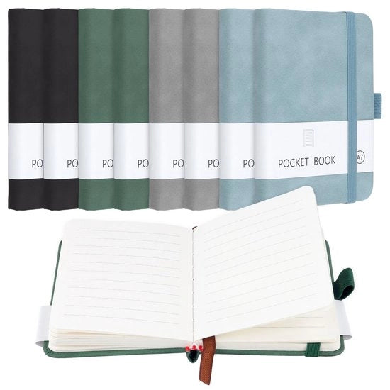 8 Notatini A7, 100 Fogli, Copertina Molle, Mini Notatino con Elastico in 4 Colori per Note, Appuntamenti, Blu, Verde, Nero, Grigio
