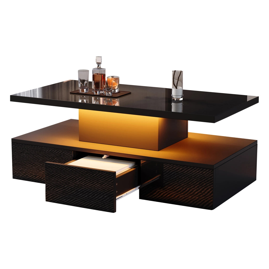 Tavolino da caffè 100x50x39 cm; LED dimmerabile con vano aperto e cassetto; truciolare nero