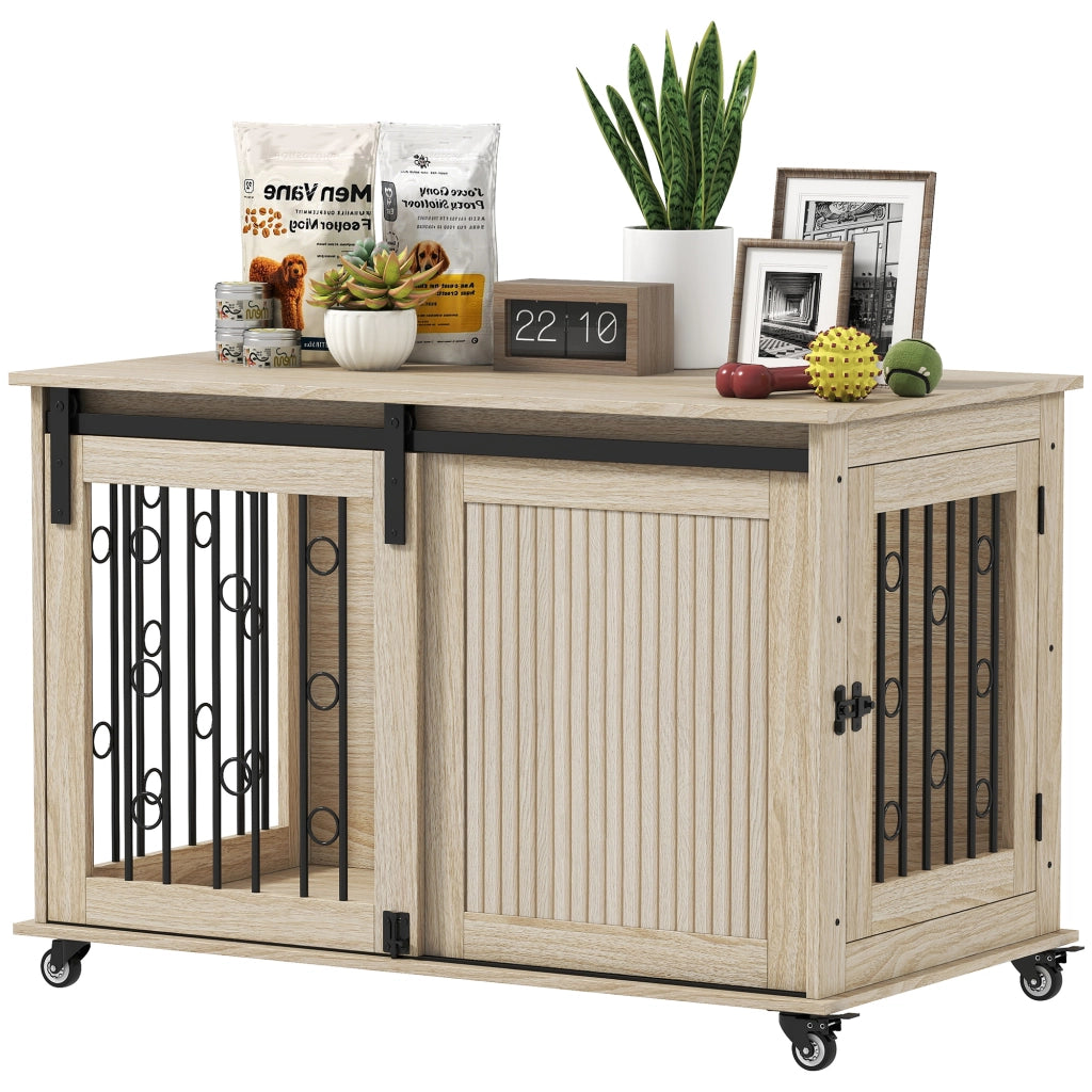 Gabbia per cani da interno in legno e acciaio con ruote e porta scorrevole, mobile cuccia spazioso e robusto per casa, 100 x 56 x 65 cm