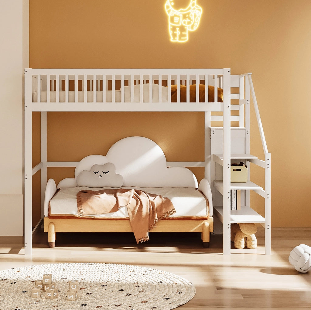 Letto a soppalco 140x200 cm bianco – scala contenitore, senza materasso
