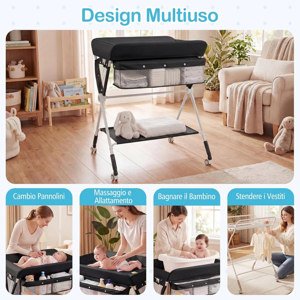 Fasciatoio Pieghevole per Bambini, Fasciatoio Portatile con Altezza Regolabile a 3 Livelli, Fasciatoio Neonato con Ruote di Bloccabili, Ripiano, Porta Asciugamani, per 0-12 Mesi (Nero)