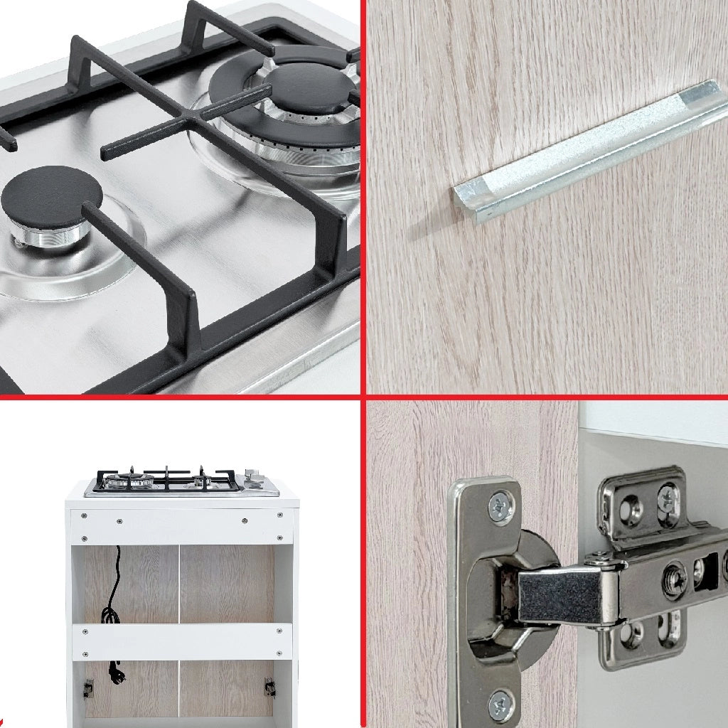 Mobile Mini Cucina 60x40 h85 con Piano Cottura Gas 2 Fuochi Gpl Acciaio Bianco Olmo