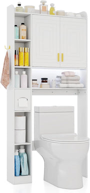 Mobile da Bagno Sopra WC, Scaffale Salvaspazio con Armadietto a 2 Ante, 6 Scomparti Aperti, Porta Fazzoletti, Gancio e Ripiano Regolabile, Mobiletto per Bagno e Lavanderia (Bianco)