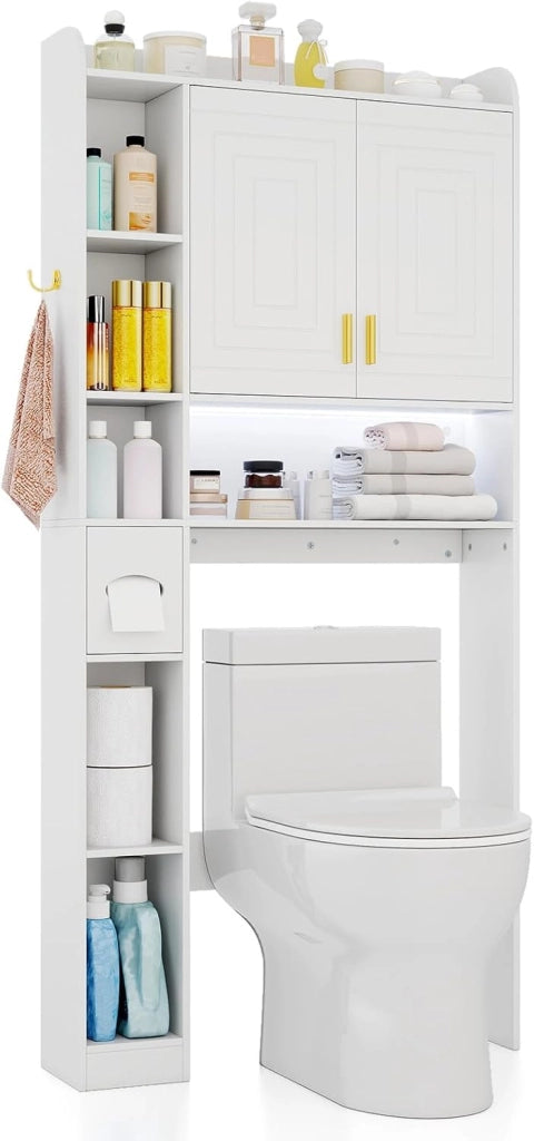 Mobile da Bagno Sopra WC, Scaffale Salvaspazio con Armadietto a 2 Ante, 6 Scomparti Aperti, Porta Fazzoletti, Gancio e Ripiano Regolabile, Mobiletto per Bagno e Lavanderia (Bianco)