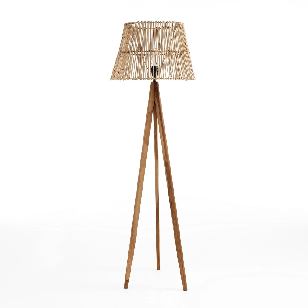 Lampada da terra in rattan beige struttura in teak