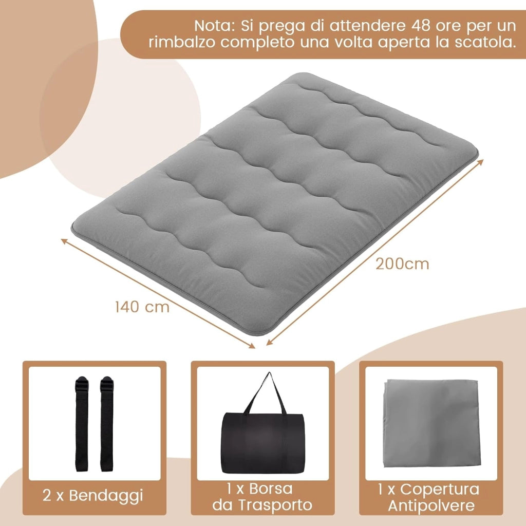 Materasso Futon Pieghevole, Materasso Portatile con Sacca da Trasporto per Camping, Materasso da Terra con Copertura Lavabile (Grigio,200 x 140 cm)