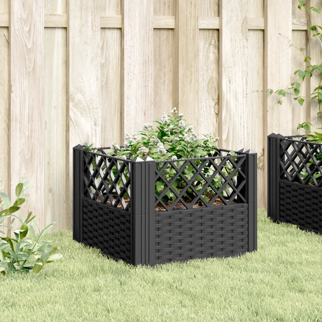 Fioriera | Cassetta per fiori | Vaso da Giardino con Picchetti Nera 43,5x43,5x43,5 cm PP
