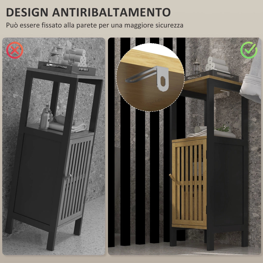 Mobiletto Bagno con Ripiano Aperto e Armadietto, in MDF e Bamb¨´, 32x30x90.5 cm, Nero e color Legno