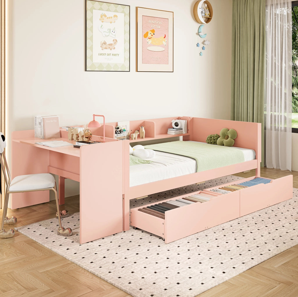 Letto singolo 90x200 cm rosa con scrivania e cassetti
