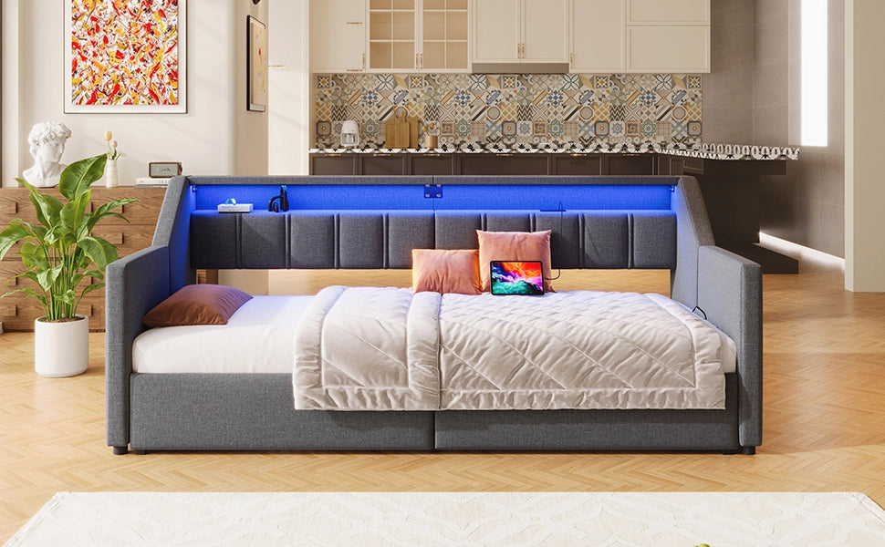 DESMIU Lit divano 90 × 200 cm con USB, Type-C, LED, 2 cassetti e tasche, senza materasso, grigio