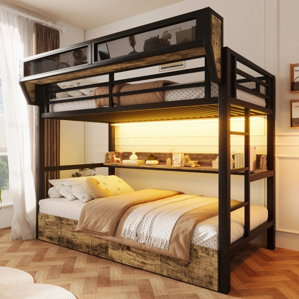 Letto a castello 90 × 200 cm con LED, 2 cassetti, ripiano et cestino, senza materasso, in metallo e MDF, nero