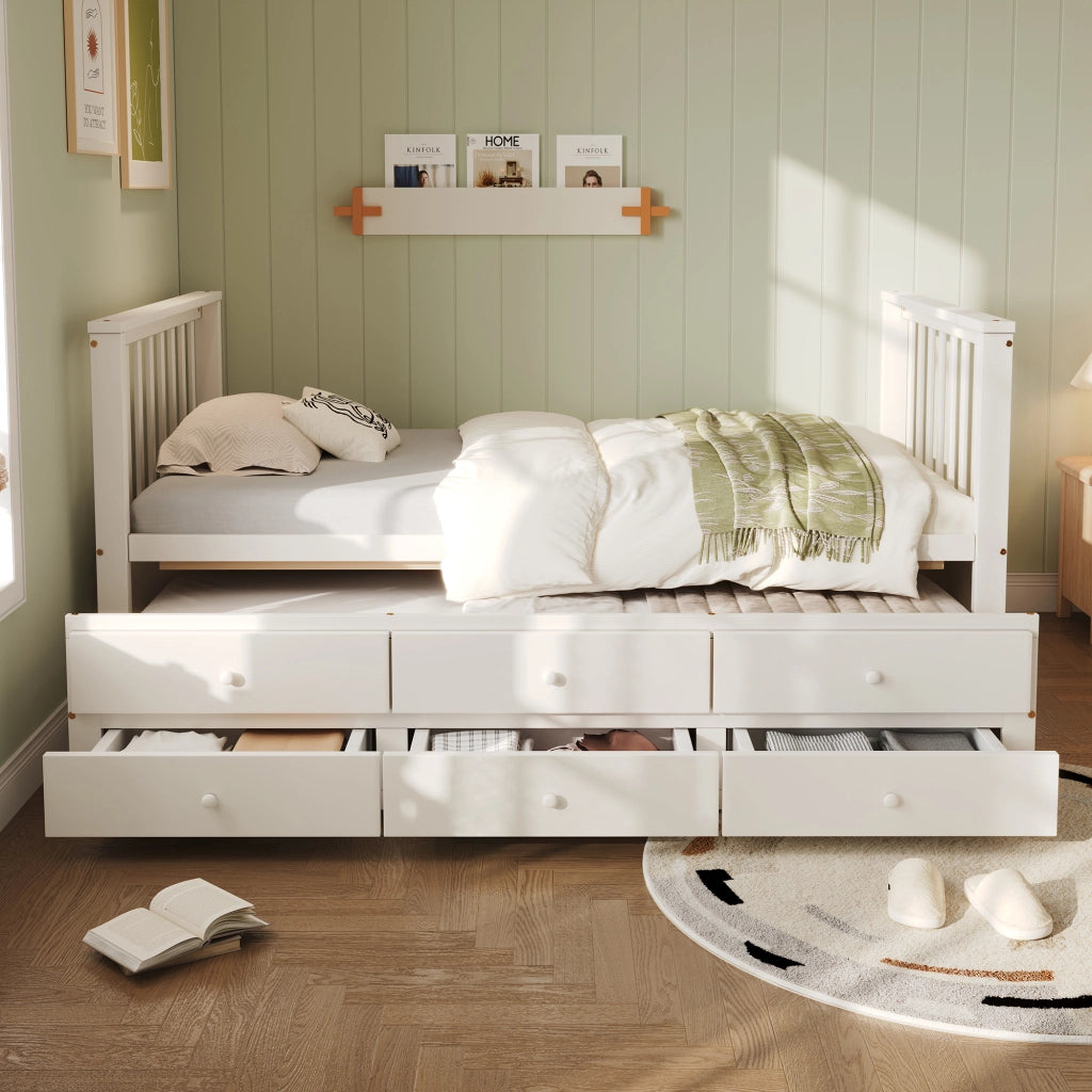 Letto singolo estraibile con tre cassetti in legno e MDF bianco per bambini e ospiti dal design elegante