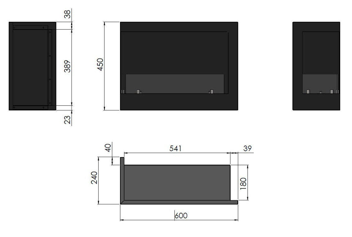 Camino a Bioetanolo da Incasso 60x45 cm Corner 600 Right Destro Nero con Vetro