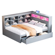 Letto Contenitore Matrimoniale 140x200 cm; USB; LED; Mensole e Scomparti in Legno Grigio