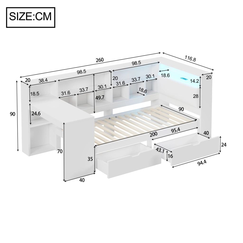 Letto a L con scrivania e libreria integrata 90x200 cm in MDF e multistrato; bianco