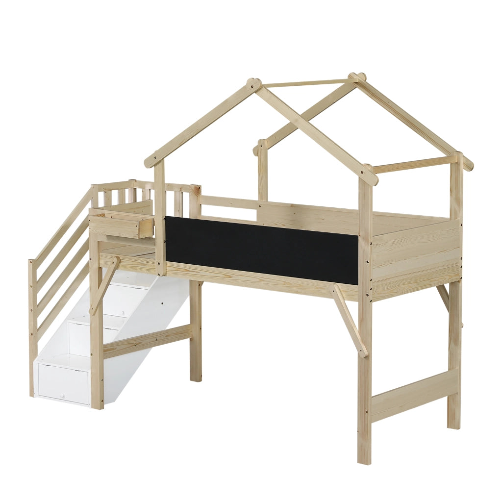 DESMIU Letto a castello 1 posto con barriera, lavagna e 3 vani nella scala, 90 × 200 cm, senza materasso