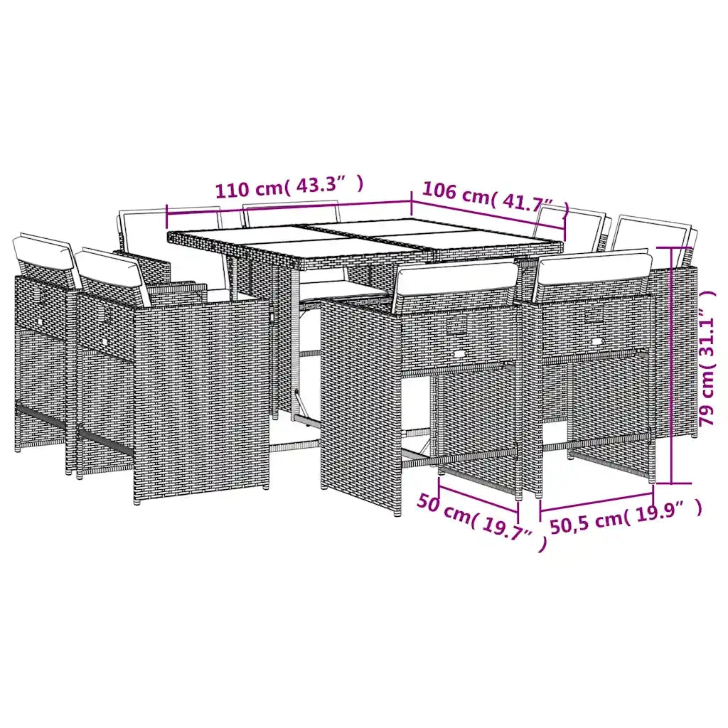 vidaXL Set Pranzo da Giardino 9 pz con Cuscini Beige Misto Polyrattan