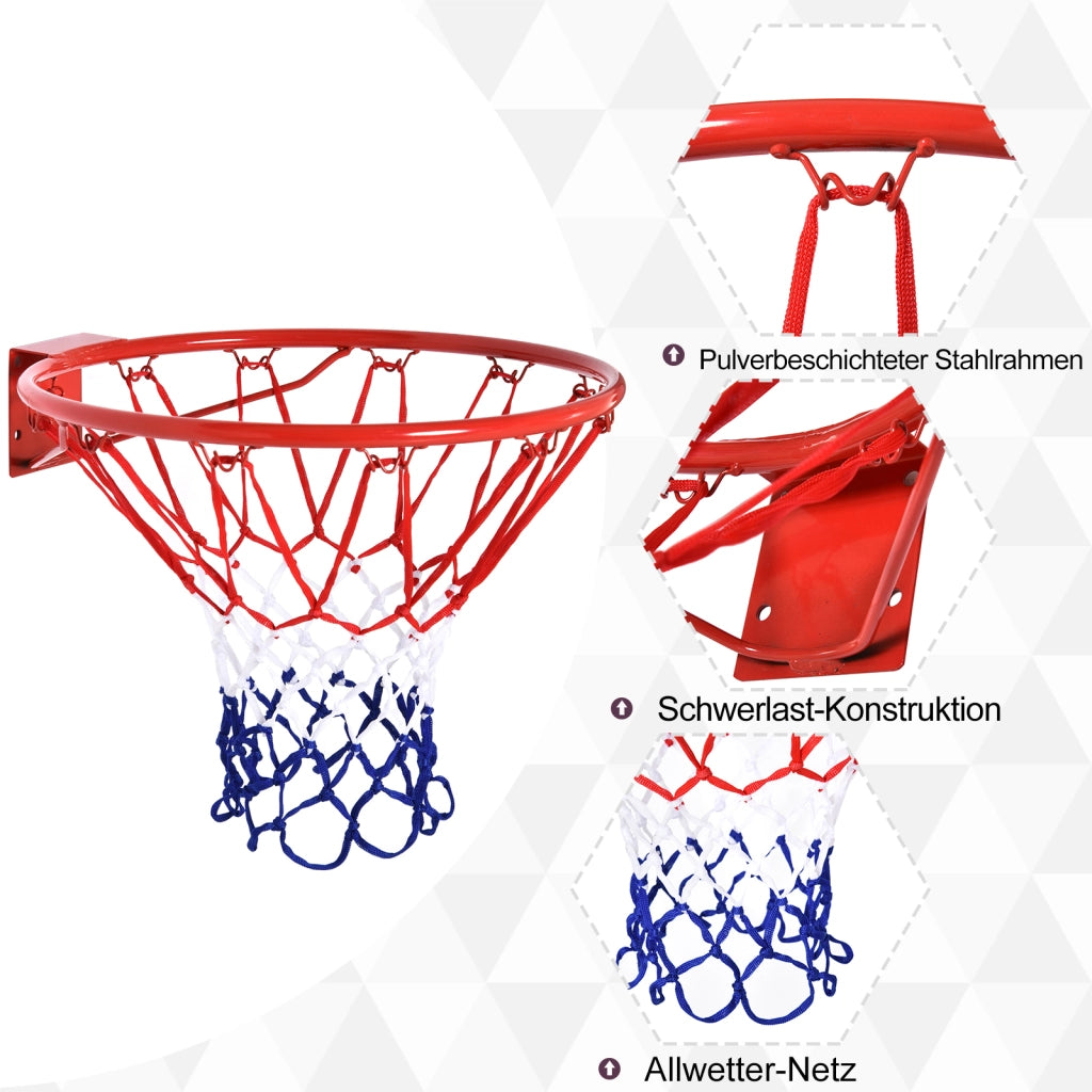 Canestro da basket con rete, 46 cm, tubo in acciaio e nylon, rosso, blu, bianco, ideale per giardino e tempo libero