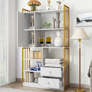 Libreria con ripiani aperti; cassetti e armadietti 100 x 30 x 173;5 cm; bianca e oro