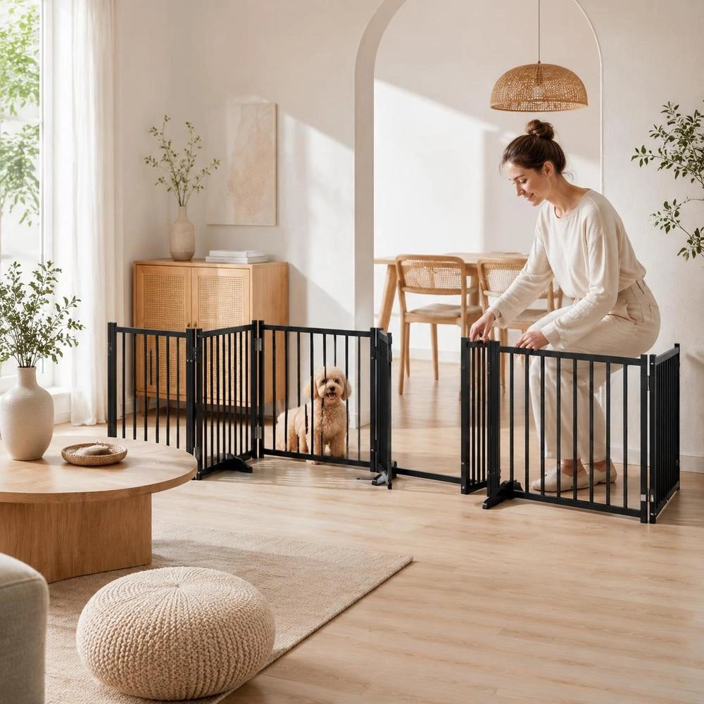8-piece Dog Gate With Door, Foldable, Black, 640 Cm, Poplar Wood
