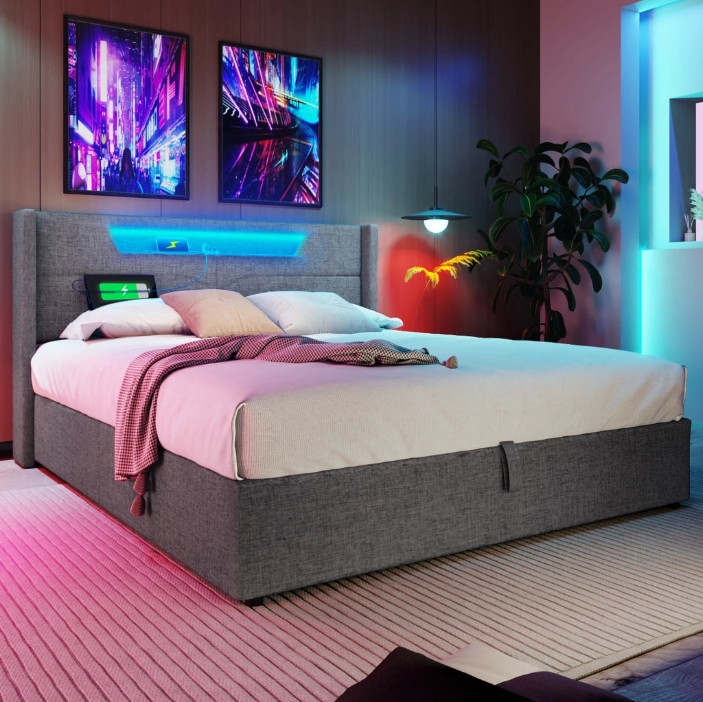 Letto matrimoniale LED con porta USB e Type-C; contenitore 160x200 cm; grigio