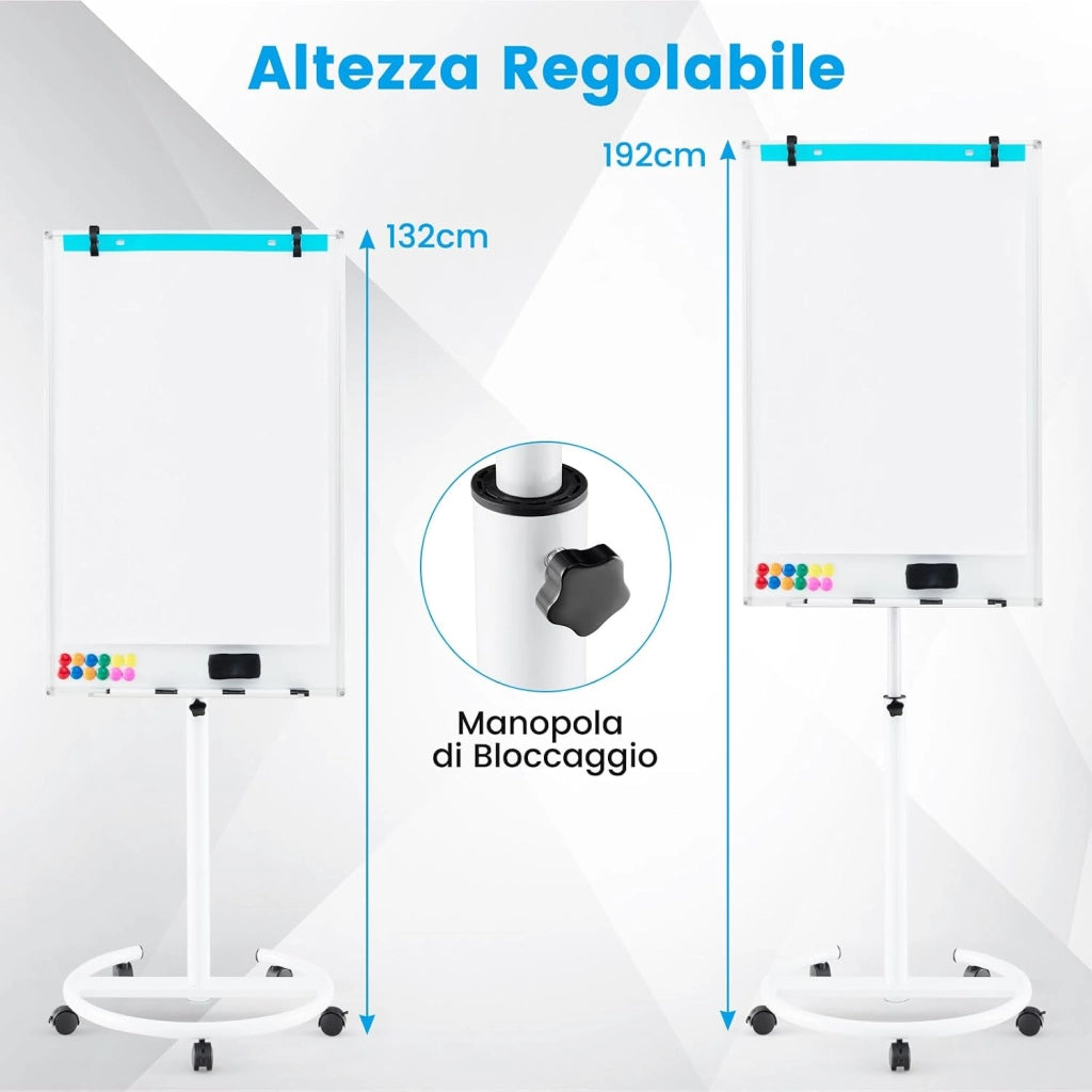 Lavagna Bianca Magnetica Mobile con Accessori, Lavagna Regolabile in Altezza e Angolo con Supporto Rotondo, 5 Ruote Bloccabili, 65 x 60 x 132-192 cm (Bianco)