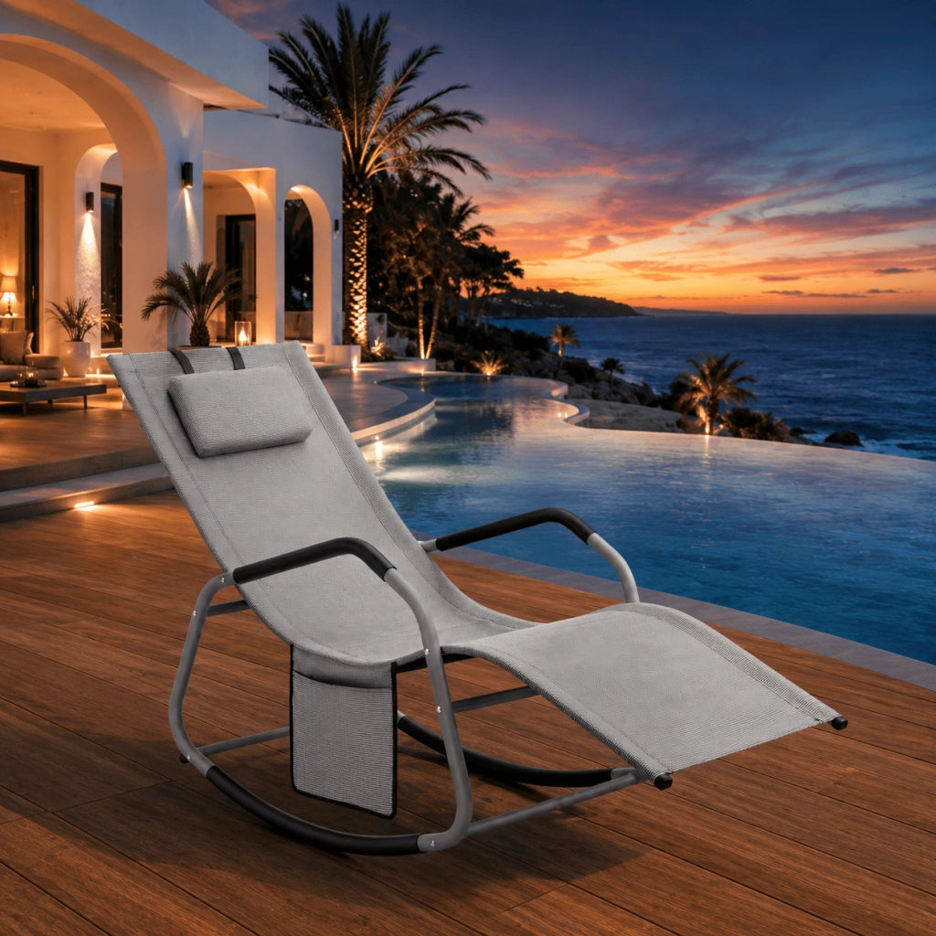 Sedia A Dondolo Da Giardino Con Cuscino Antiribaltamento E Tasca Laterale Seduta Ergonomica Da Esterno In Textilene Con Struttura In Acciaio 151 x 56 x 90 Cm Grigio