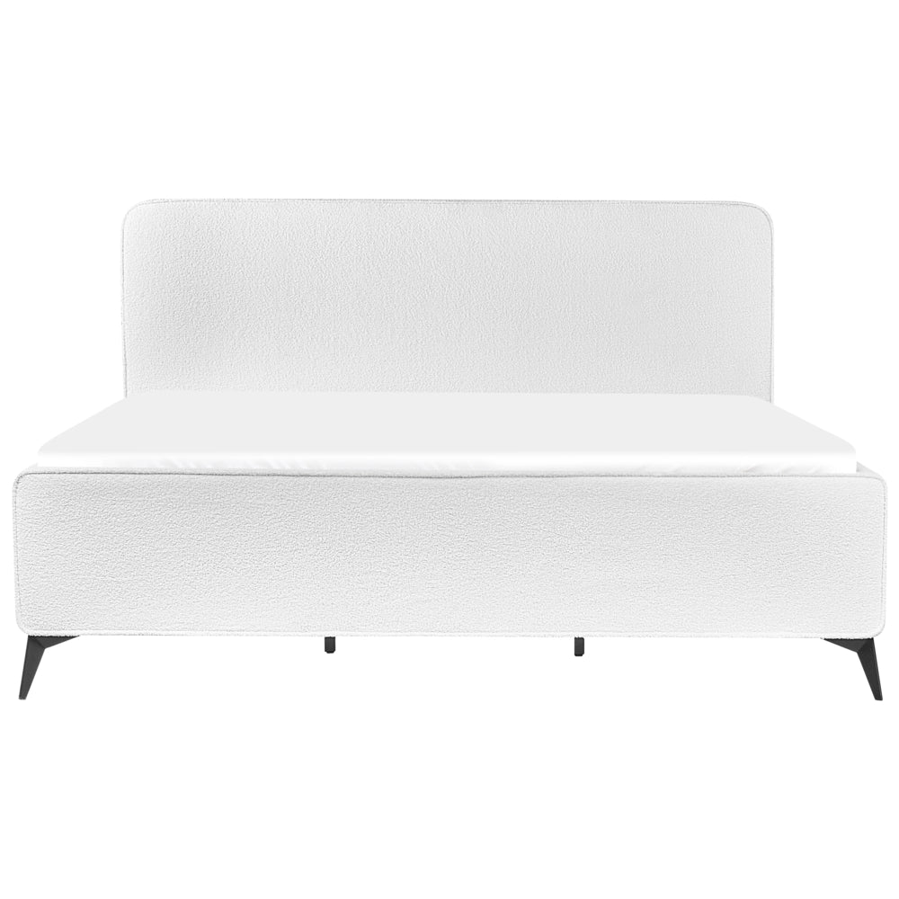 Letto matrimoniale imbottito in bouclé bianco sporco gambe in metallo nero 180x200 cm testiera stile classico minimalista