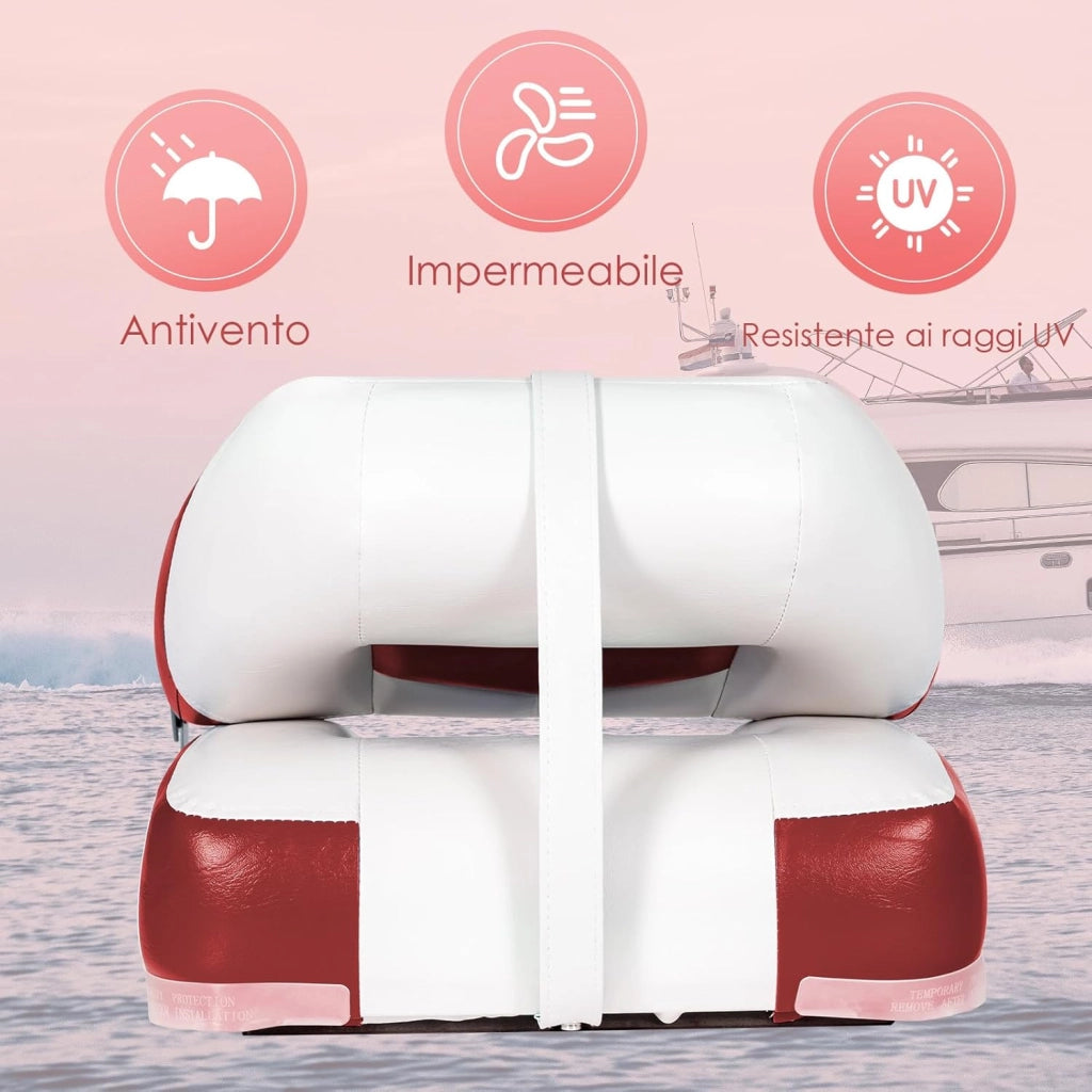 Set di 2 Sedie da Barca, Sedie per Barca Con Schienale Basso, Sedia da Barca Pieghevole, con Schiuma Spessa, Cinghia di Fissaggio, 50 x 42 x 52 cm (Rosso+Bianco)