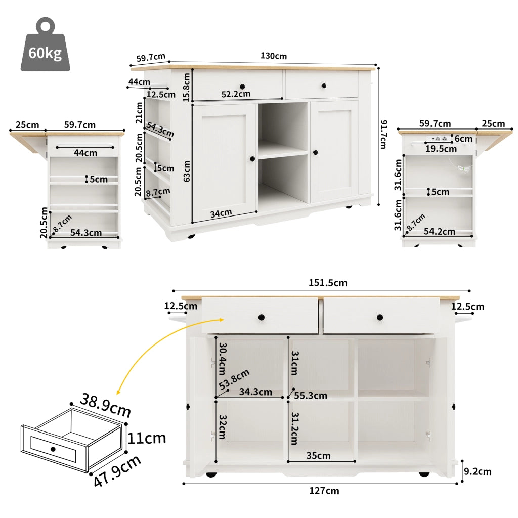 Carrello da Cucina con 2 Cassetti e 6 Vani; Prese Integrate e Piano Ribaltabile; in MDF e Metallo; Bianco Naturale