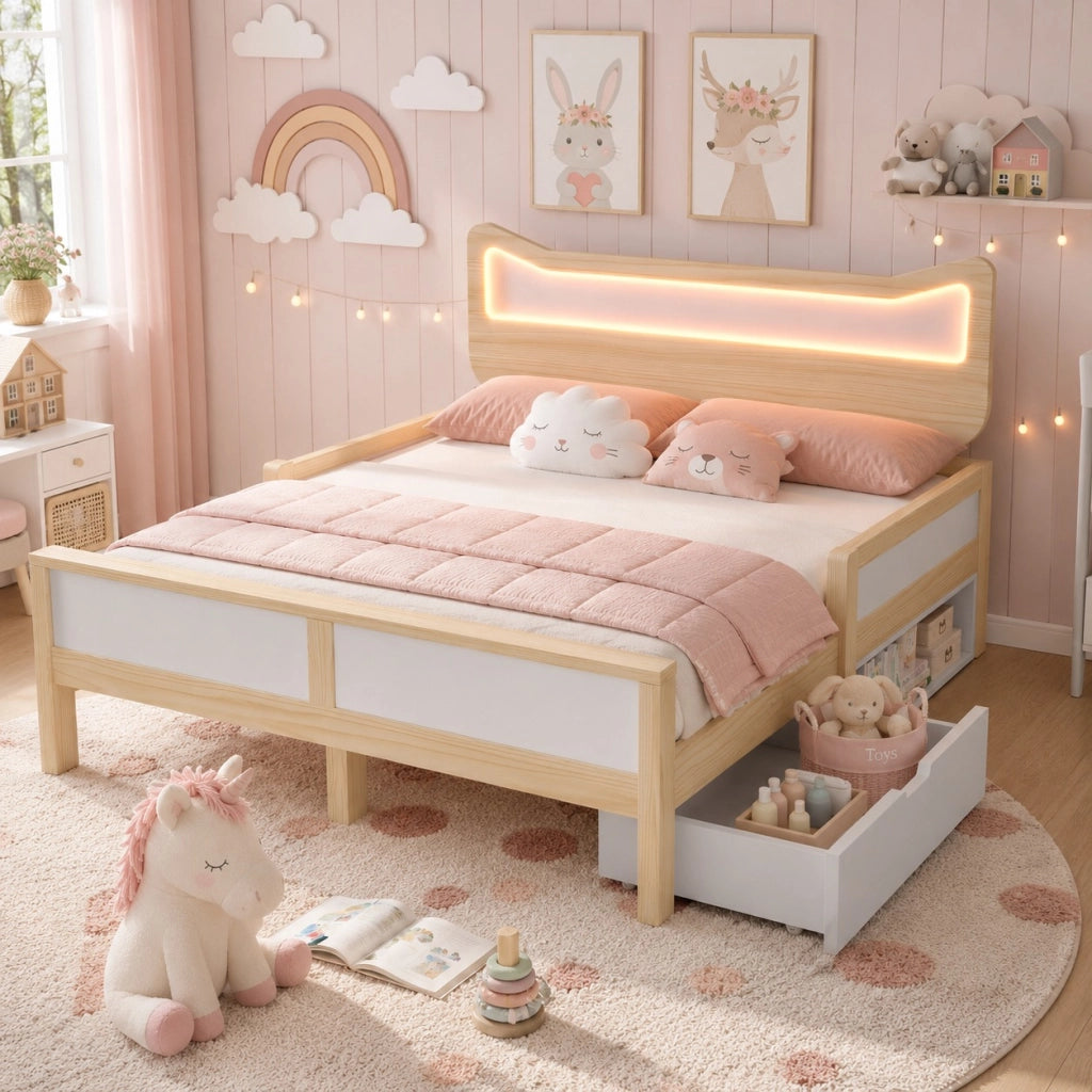Lettino per bambini con orecchie da gatto e luci a LED 140x200 cm in legno di rovere e bianco