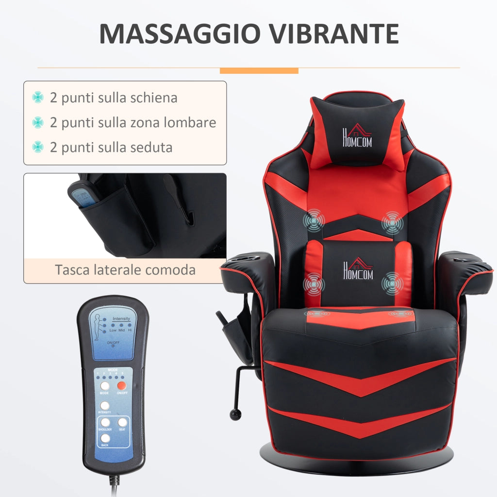 Sedia da Gaming Massaggiante con Poggiapiedi e Cuscino, in Finta Pelle, 78x80x111.5 cm, Nero e Rosso